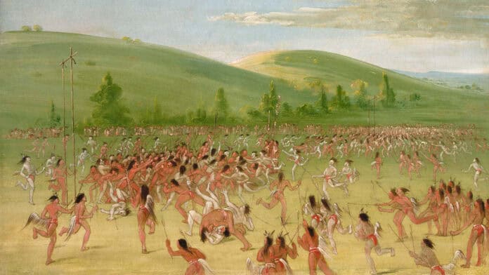 "Ball-play of the Choctaw – ball up" by George Catlin