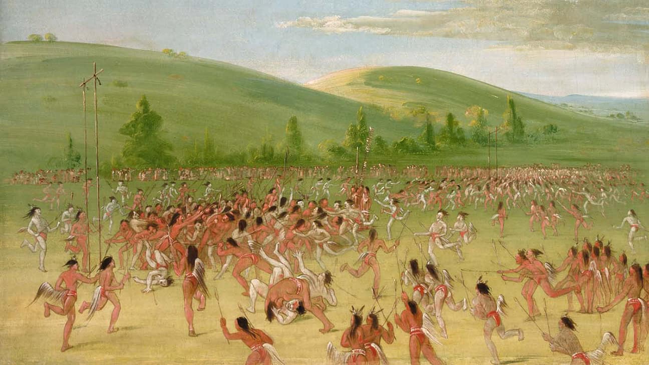 "Ball-play of the Choctaw – ball up" by George Catlin