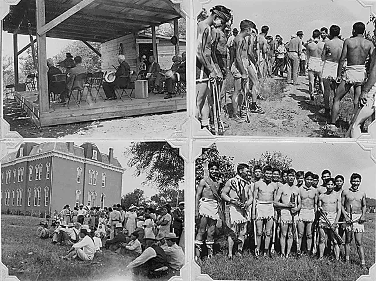 Chief Durant, Tribal Council and Choctaws waiting on dinner, and stickball players getting ready to play at the Choctaw Capitol in 1940