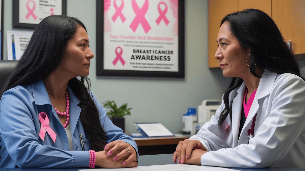 Two women sitting across a desk from each other in a medical office decorated with breast cancer awareness posters.